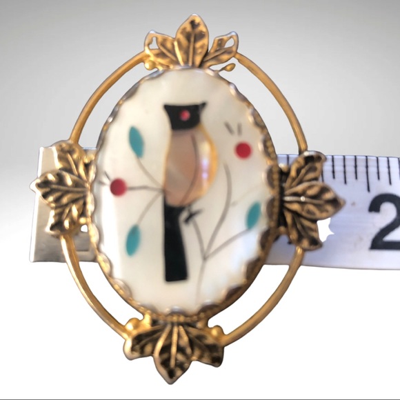 Vintage Inlaid Brooch with Cardinal Costume Jewelry - Picture 7 of 10